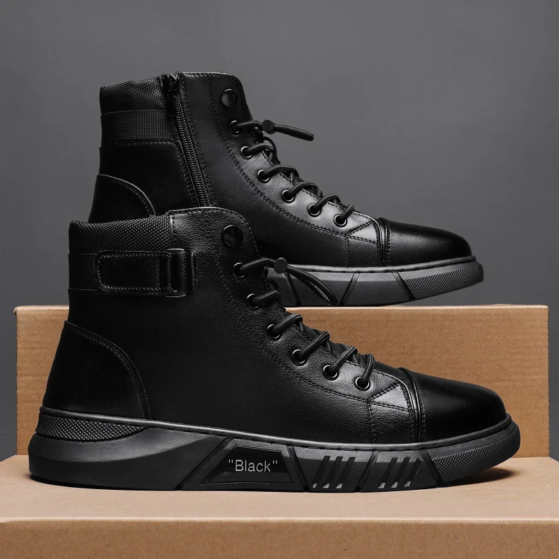 

New Black Men's Martin Ankle Boots Chelsea Shoes for Men Fashion Trend Platform Rain Boots Leather Military Brand Motocycle Boot