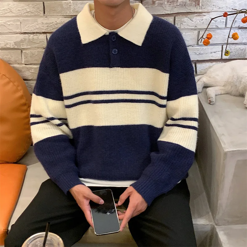 Oversized Sweater Knitted Sweater Men Japanese New Youth Fashion Sweater Men's Autumn and Winter Polo Trendy Knit Shirt Harajuku
