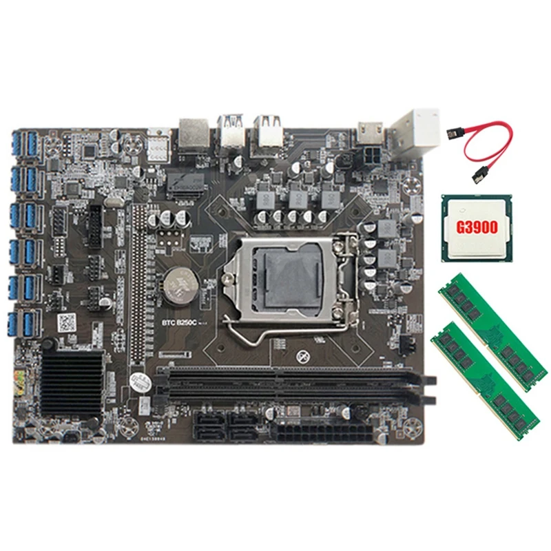 

NEW-B250C Mining Motherboard With G3900 CPU+2XDDR4 4G 2666Mhz RAM+SATA Cable 12XPCIE To USB3.0 Card Slot Board For BTC