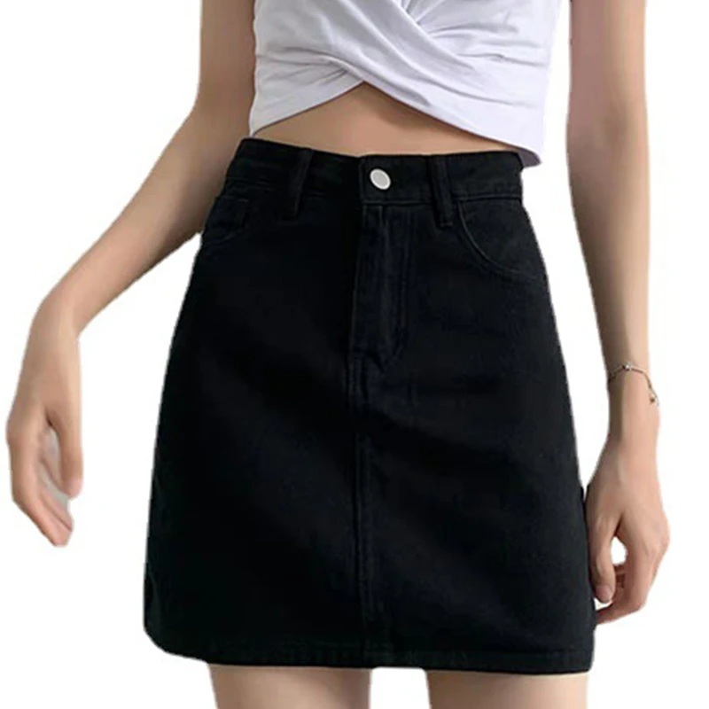 

Women High Waist Black A-Line Denim Mini Short Skirt Sexy Package Hip Slim Fitted Flared Hem Solid Color Jean Streetwear