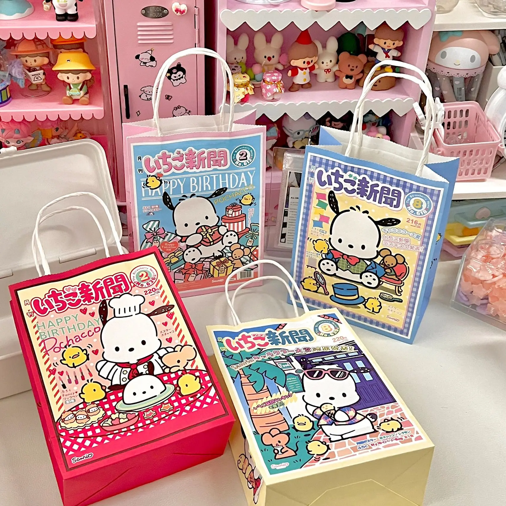 

New Pacha Dog Tote Bag Milk Tea Bag Cow Leather Bag Cartoon Cute Sanrio Hello Kitty Melody Birthday Gift Bag Desktop Storage Bag