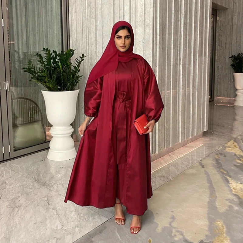 

Arab 2pcs Abaya Set Arabic Kaftan Women Silky Kimono + Sleeveless Long Dress Muslim Match Suit Dubai Islam Modest Outfit Ramadan