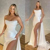 sexy pure white prom dresses sleeveless strapless beads evening dresses pearls high split long train celebrity party prom gowns
