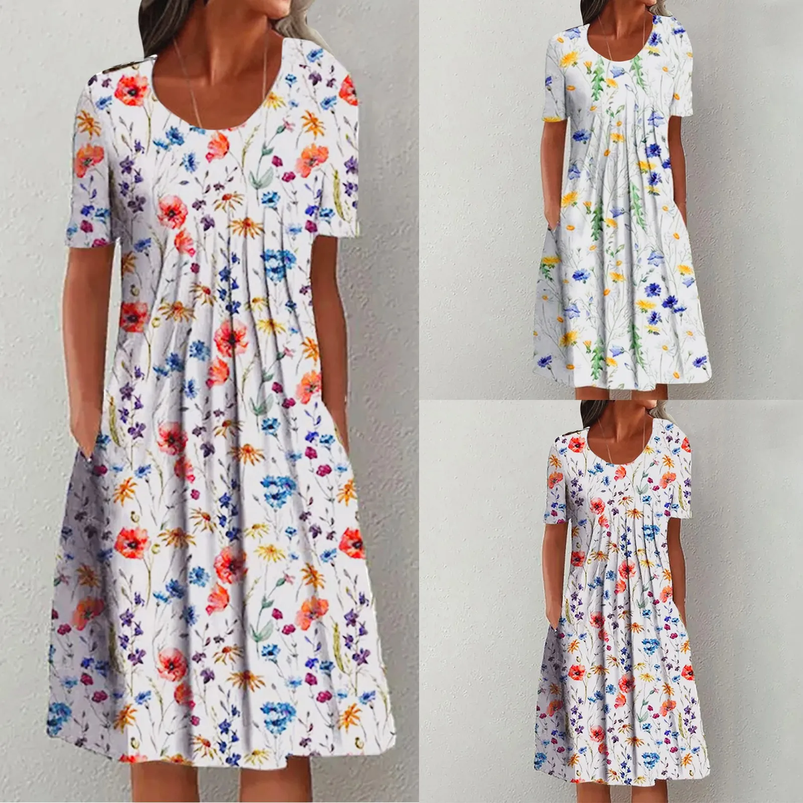 

Women Summer Casual Print Short Sleeve Dresses Empire Waist Dress With Pockets Dresses Lace with Pocket
