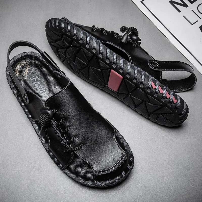 2023 Young Men's Fashion Trend Leisure Comfortable Soft Leather Hand Sewn Beach Sandals Anti-Slip And Wear-Resistant