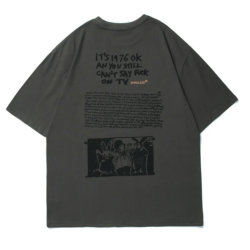 

2022 Men Hip Hop Streetwear Retro T Shirt Bunny Letter Printed Tshirt Harajuku Cotton T-Shirt Short Sleeve Tops Tees Gray White