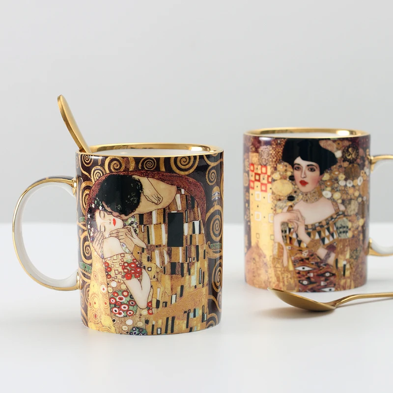 

Фарфоровые кружки Klimt Kiss, кофейные чашки с ложкой, Густав Климт из костяного фарфора, подарок на свадьбу, день рождения, Офисная посуда