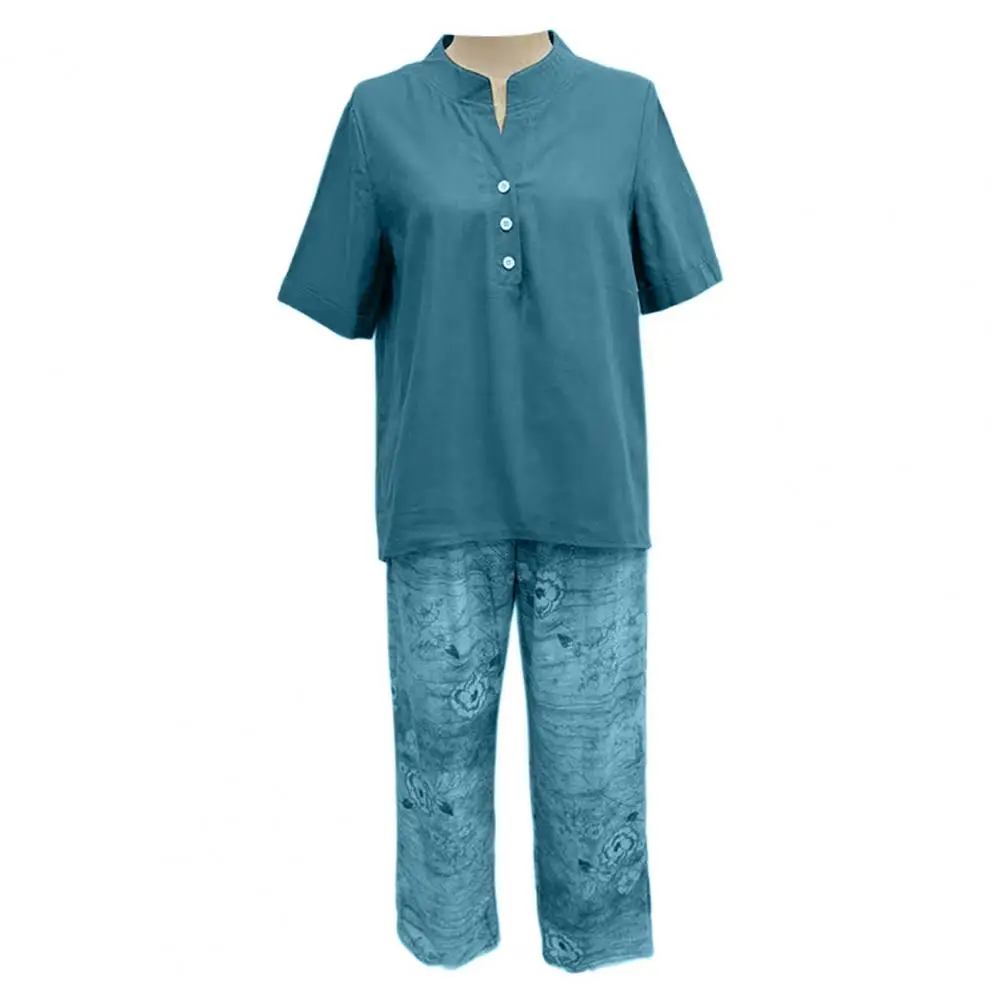 

1 Set Women Blouse Super Breathable Lint Free V-Neck Linen Blend Women Print Trousers Tee Set Casual Outfits set women 2 pieces