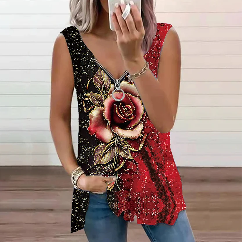 Блузка женская с цветочным принтом V-образным вырезом без рукавов - купить по