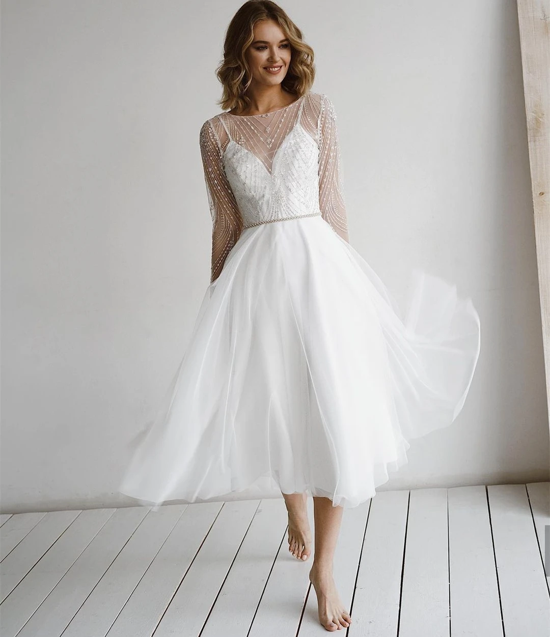 

Elegant A Line Short Wedding Dress 2023 Long Sleeves Beading Sashes Tassel Backless Appliques Party Gown Robe De Mariee Mid Calf