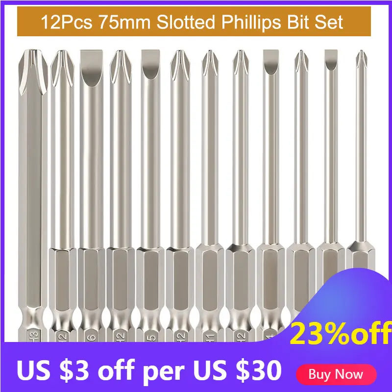 Набор отверток Phillips со стальными шлицевыми насадками S2, 12 шт., ударные биты с шестигранным хвостовиком 1/4 дюйма длиной 75 мм и магнитом для электродрели
