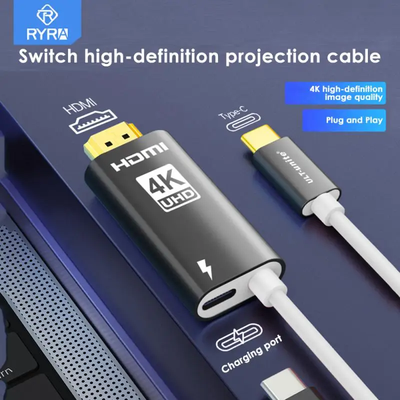 

Кабель-переходник RYRA 4K USB C-HDMI с портом для зарядки, конвертер HDMI для MacBook USB-C, адаптер HDMI Type C-HDMI, кабель-переключатель