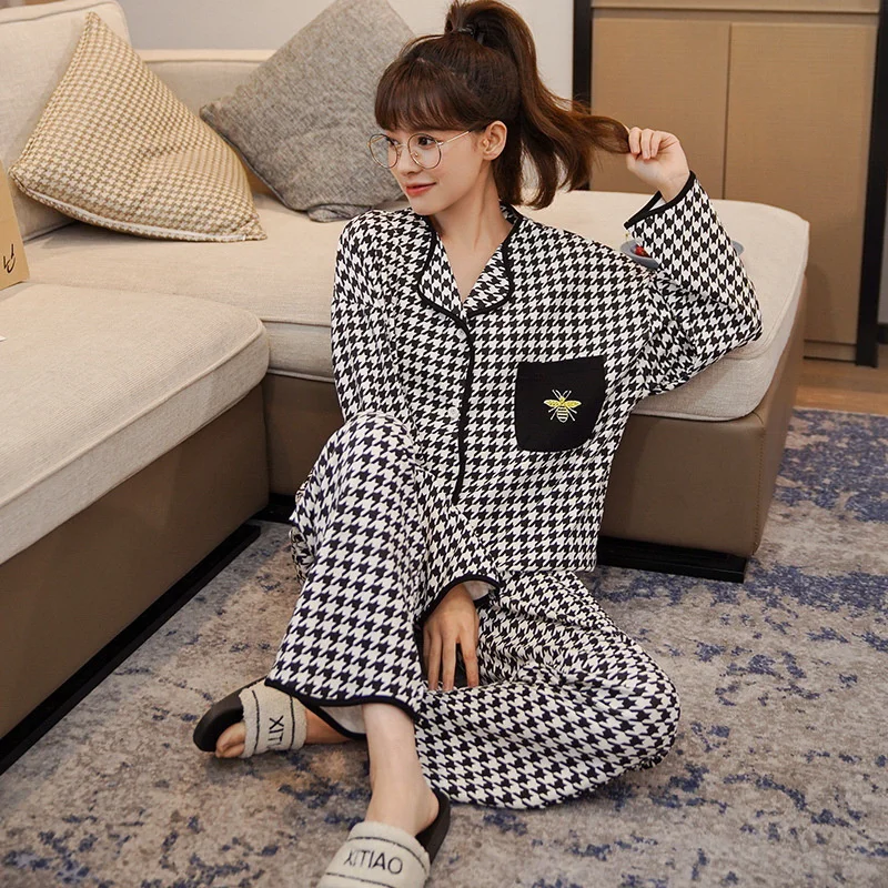 Women Pajamas Set Safe Cotton Full Sleeve Tops Sleepwear 2Piece/Set Spring Casual Pyjama Big Size Cozy Sweet Dot Homewear