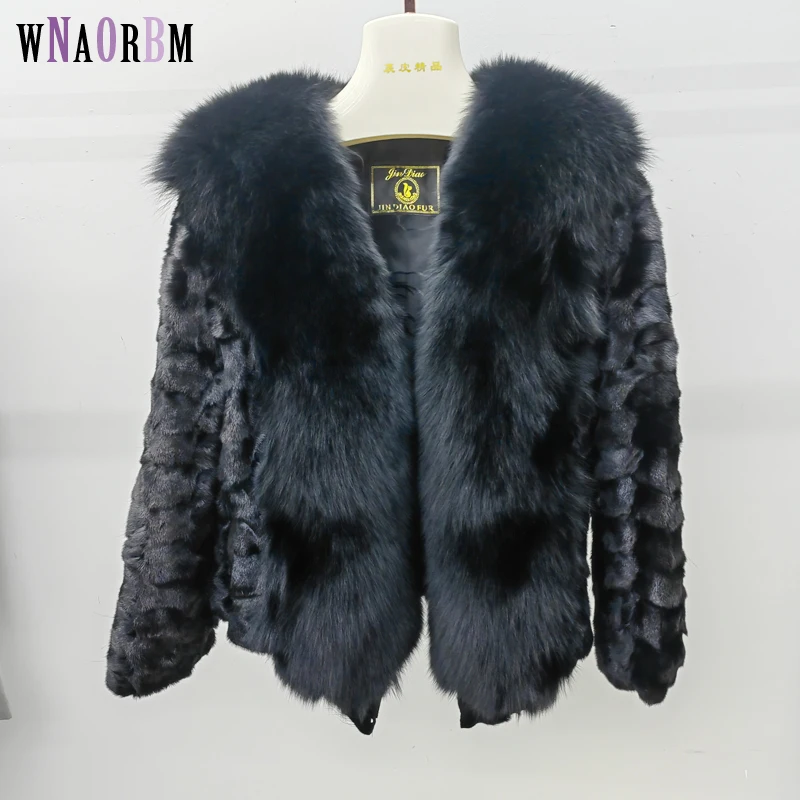 New Women Winter 100% mink Fur Warm Coat Full fox fur placket  Fashion Short Pluffy Fur Jacket Femme black Real fur coat