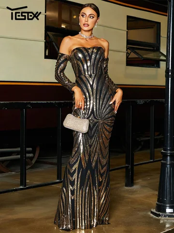 Yesexy элегантное женское платье с открытыми плечами блестками черного цвета с геометрическим рисунком для выпускного вечера