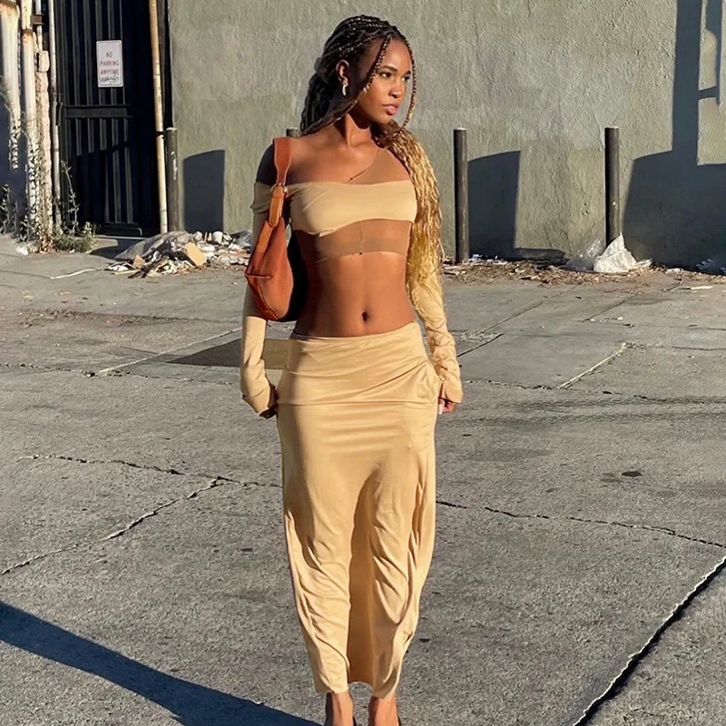 

Women Sexy Long Sleeve Irregular Crop Top + High Slit Long Skirts Club Party Matching Sets Clothes Autumn Solid 2 Piece Set