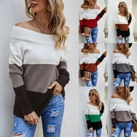 2022 winter new womens pullover one word collar stitching multicolor bottoming shirt sweater women