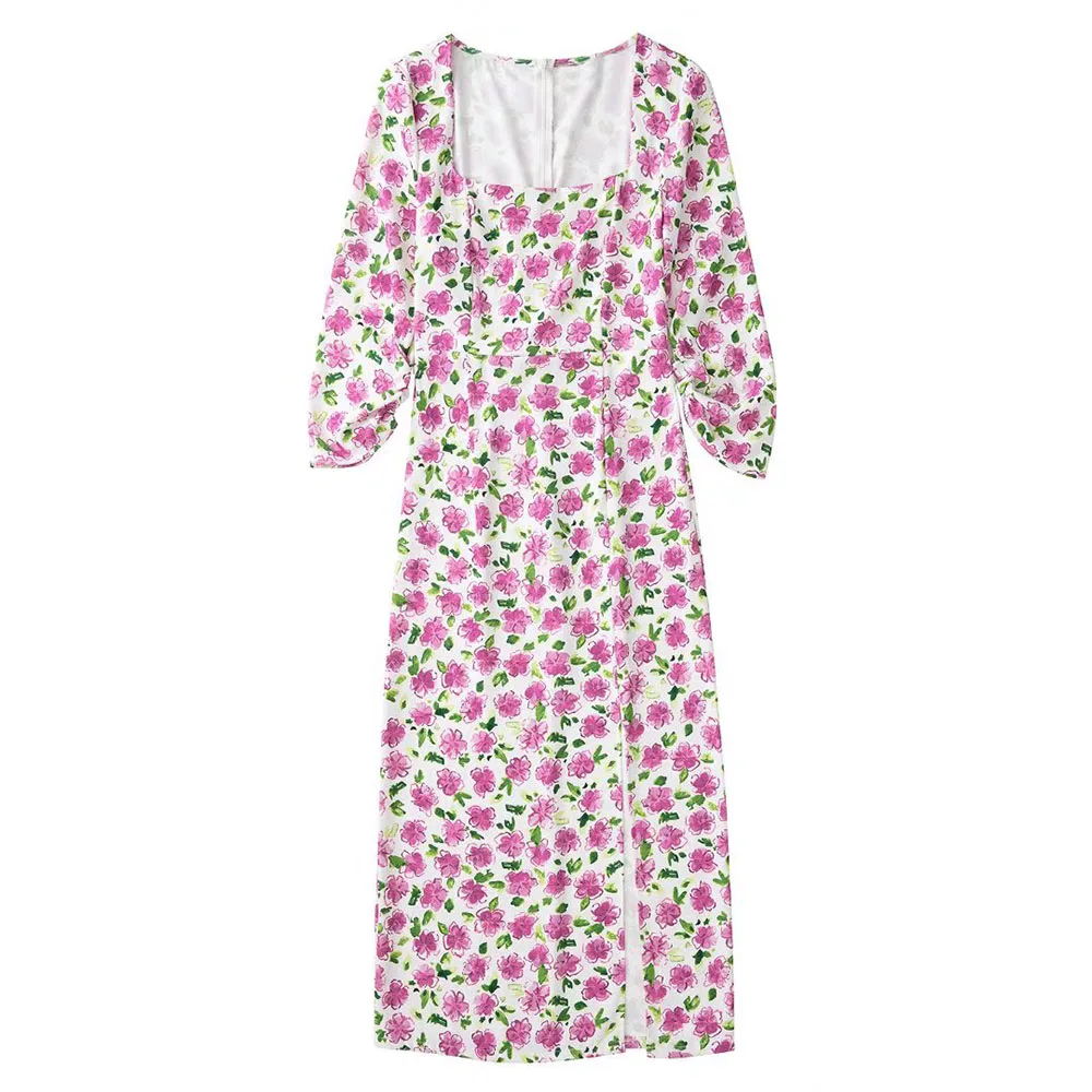 

Женское весеннее платье с цветочным принтом, платье миди с высокой талией, квадратным вырезом и длинным рукавом, юбка на молнии сзади, шикар...