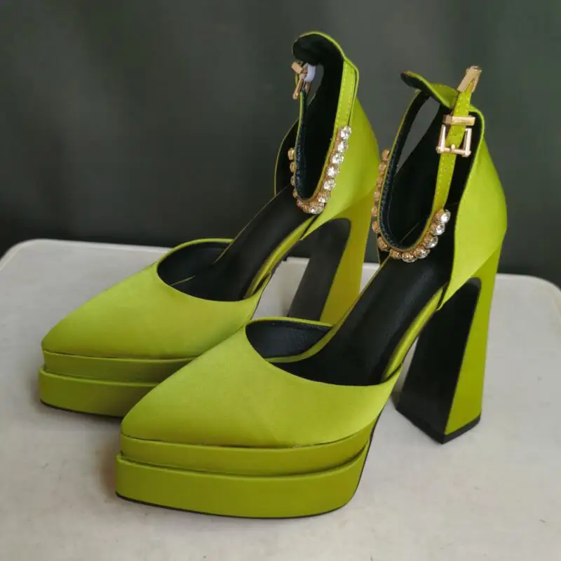 Туфли-лодочки женские атласные заостренный носок высокий толстый каблук