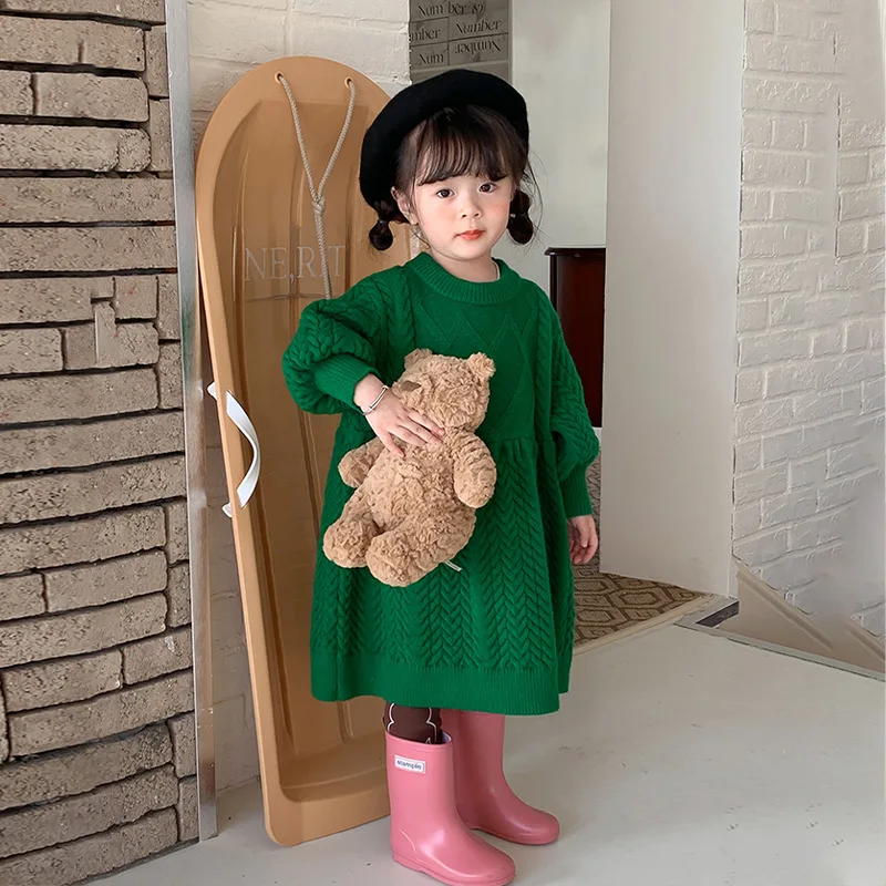 

Children Clothing 2022 Autumn Winter New Fashionable Korean Style Girls Vintage Wool Round Neck Long Sleeve Casual Simple Dress