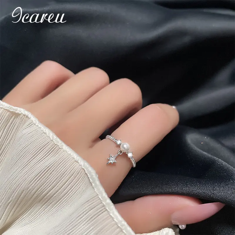 

Korean Six-Pointed Star Exquisite Ring Female Stylish Opening Trendy Twist Zircon Embedded Rice Pearl Ring Foreign Trade New