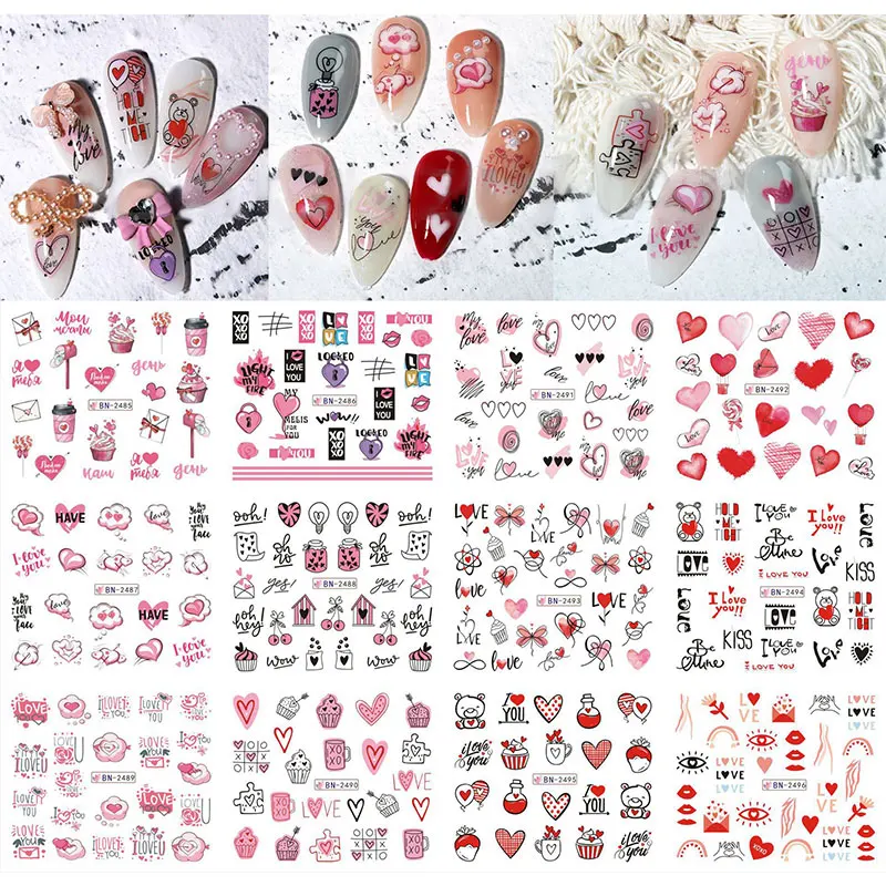 

3D Black White Love Heart Rose Flower Adhesive Stickers Nail Art Decoration Valentine's Day Nail Sticker Nail Art Supplies