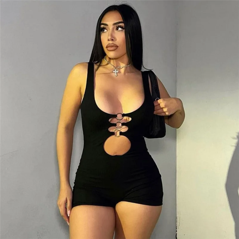 European And American style 2023 Summer Women's Sexy Hollow Out High Waisted Sleeveless Tight Fitting Buttocks Sports Jumpsuit