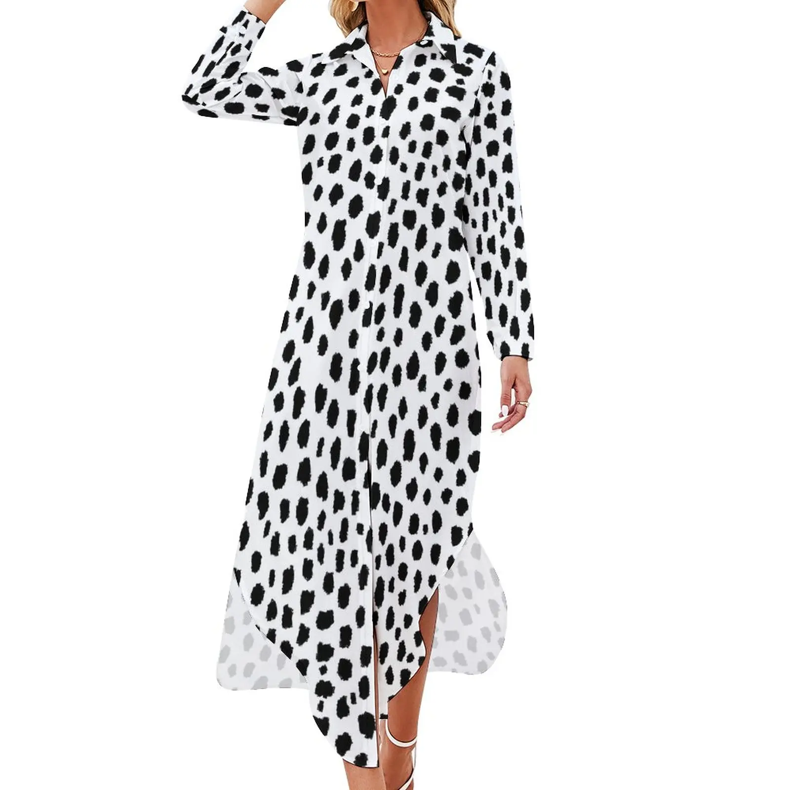 

Dalmatian Spots Casual Dress Dots Print Korean Fashion Dresses Sexy V Neck Pretty Chiffon Dress Long Sleeve Clothing 4XL 5XL 6XL