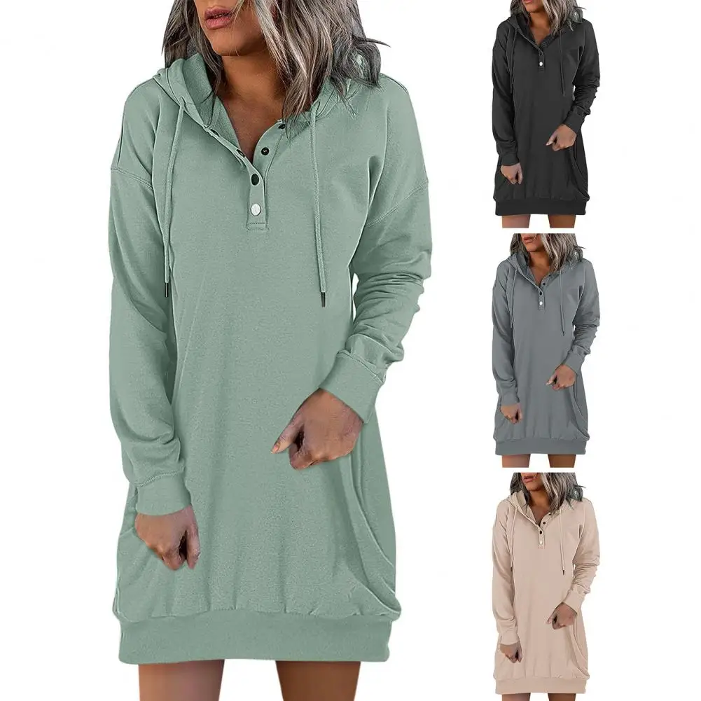 

Women Autumn Hoodie Dress Loose Solid Color Hooded Drawstring Long Sleeves Warm Sweatshirt Buttons Spring Hoodies худи sudaderas