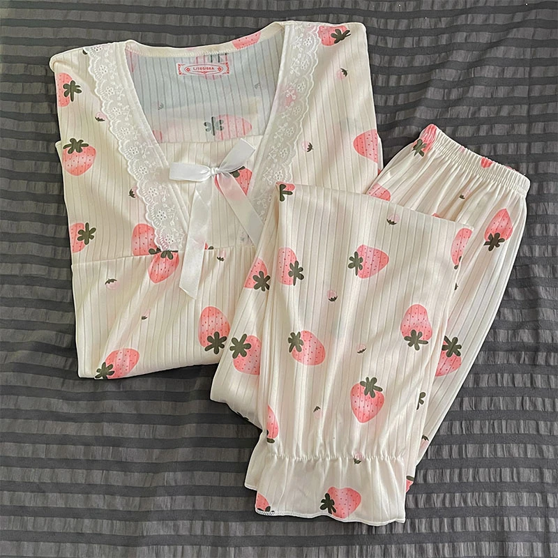 CAIYIER Korean Blue Grid Sweet Nightwear Ruffles Long Sleeve Trousers Winter Pajamas Set Elastic Waist Women Casual Homewear