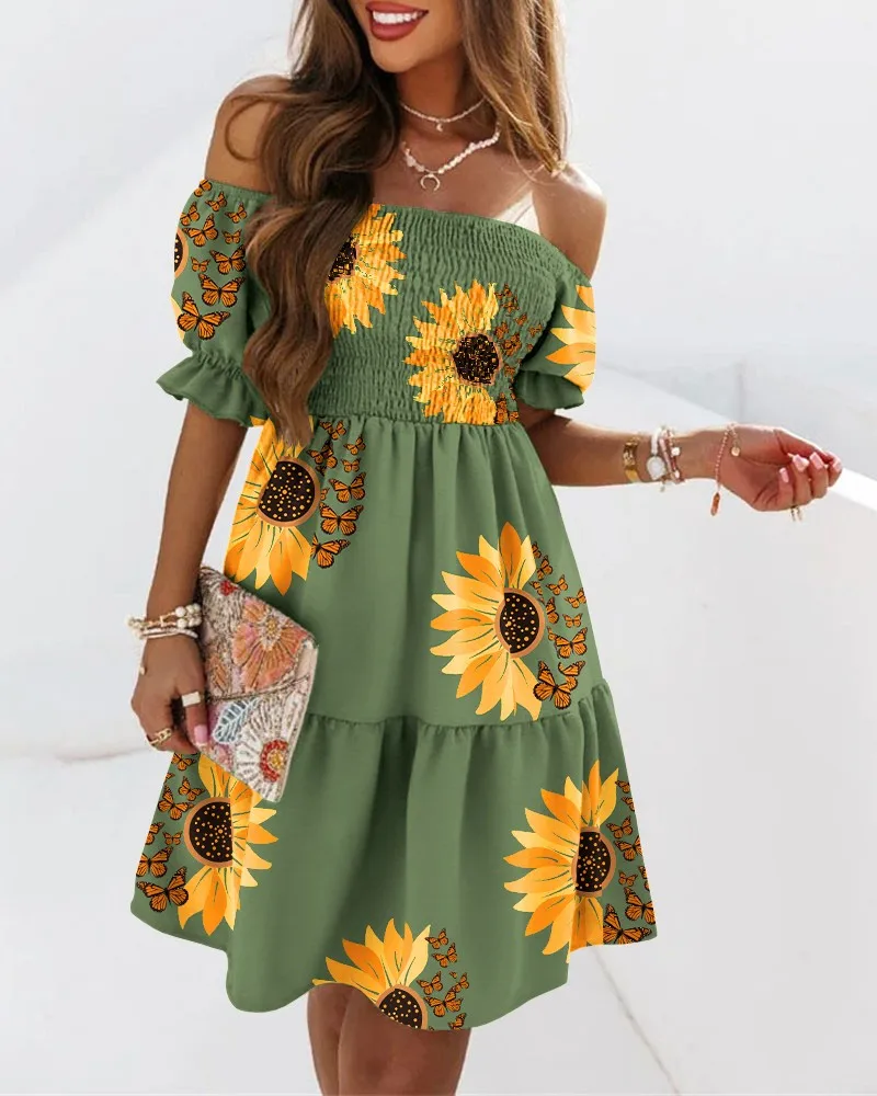 

Sunflower Butterfly Print Off Shoulder Swing Dress Women Strapless Slash Neck Fashion Casual Sexy Summer Mini Dress