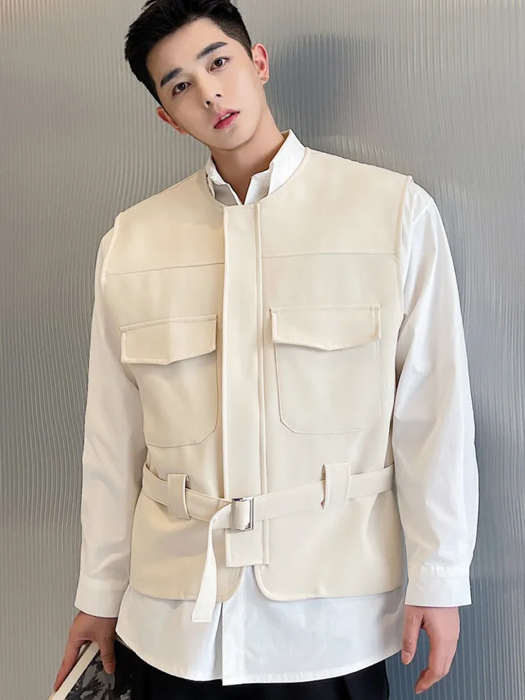 

SYUHGFA Solid Color Waistband Men's Casual Vest 2022 Spring New Korean Style Simple Fashion Pocket Round Neck Tops Vest