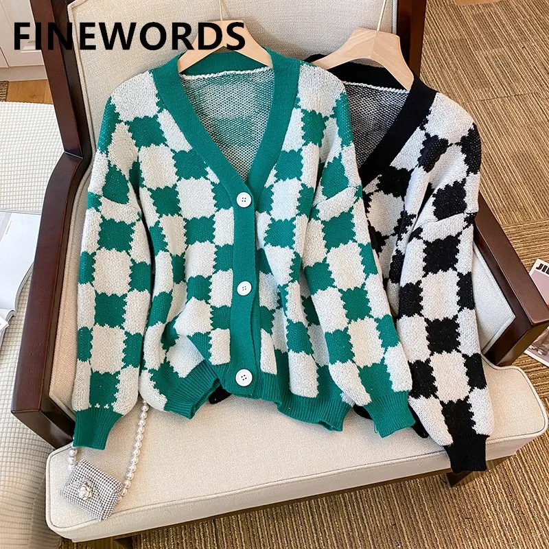 

Винтажный Повседневный Зеленый Клетчатый Укороченный кардиган FINEWORDS, корейский свитер с одной пуговицей и V-образным вырезом, женская зимняя верхняя одежда с длинным рукавом