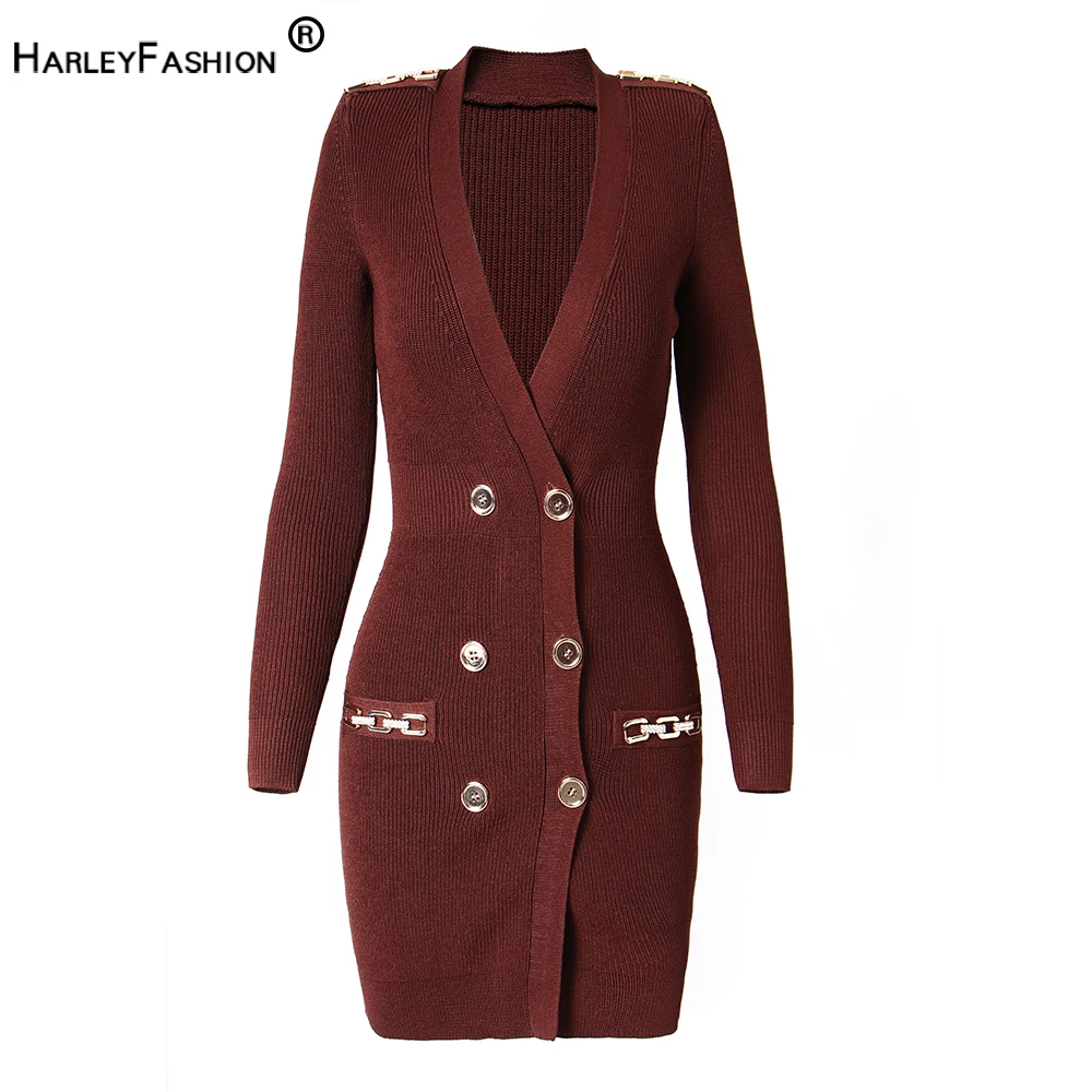 Italian Retro Color Wine Red Sexy V-neck Exquisite Chain Appliques Knitted Vintage Women Sheath Dress High Quality