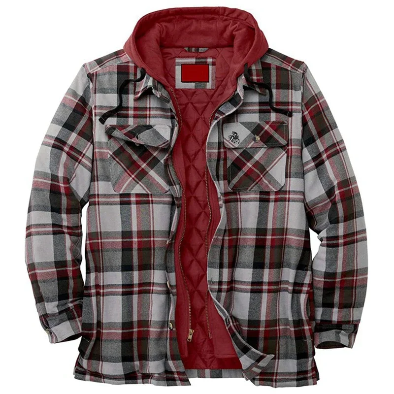 

Men's Clothing European American Models Thick Cotton Plaid Long-sleeved Loose Hooded Autumn and Winter Jacket