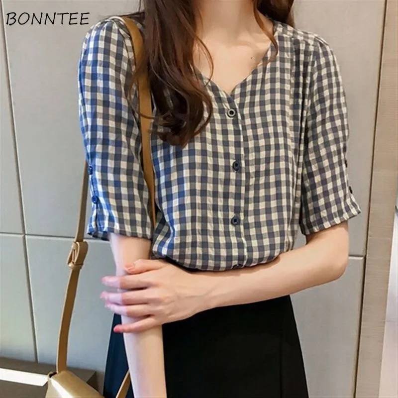 

Summer Shirts Womens Plaid Female Tops Fashion Ins All-match Elegant Chic Thin Slim Fit Single Breasted Soft Students Clothing