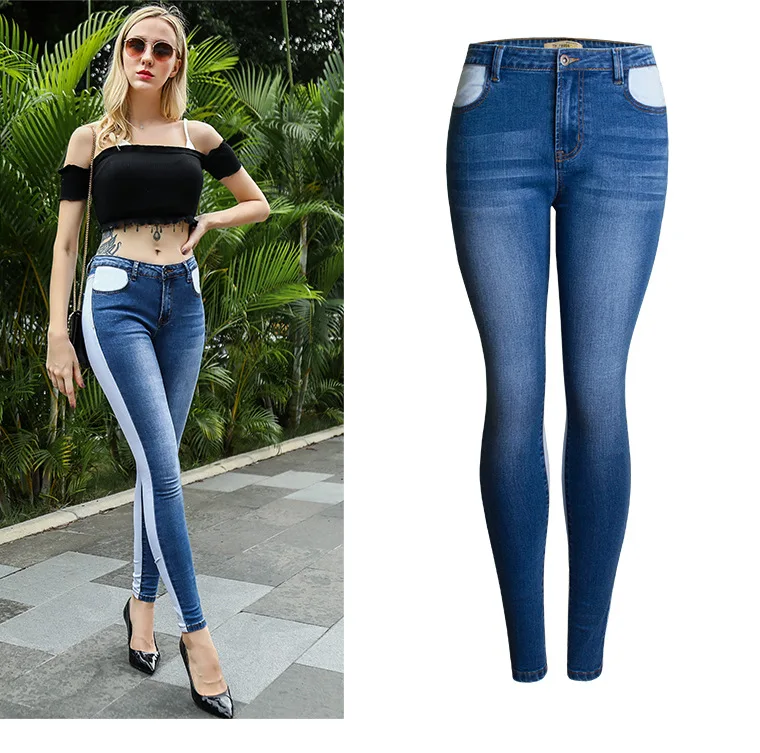 

New Spring And Summer Women's Elastic Slim Stitching Color Matching Pencil Pants Two-color Denim Trousers
