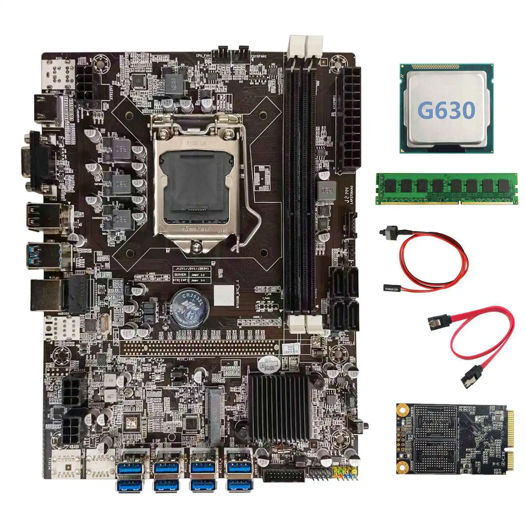 

B75 BTC Mining Motherboard+G630 CPU+DDR3 4GB 1600Mhz RAM+128G SSD+SATA Cable+Switch Cable LGA1155 8XPCIE to USB Board