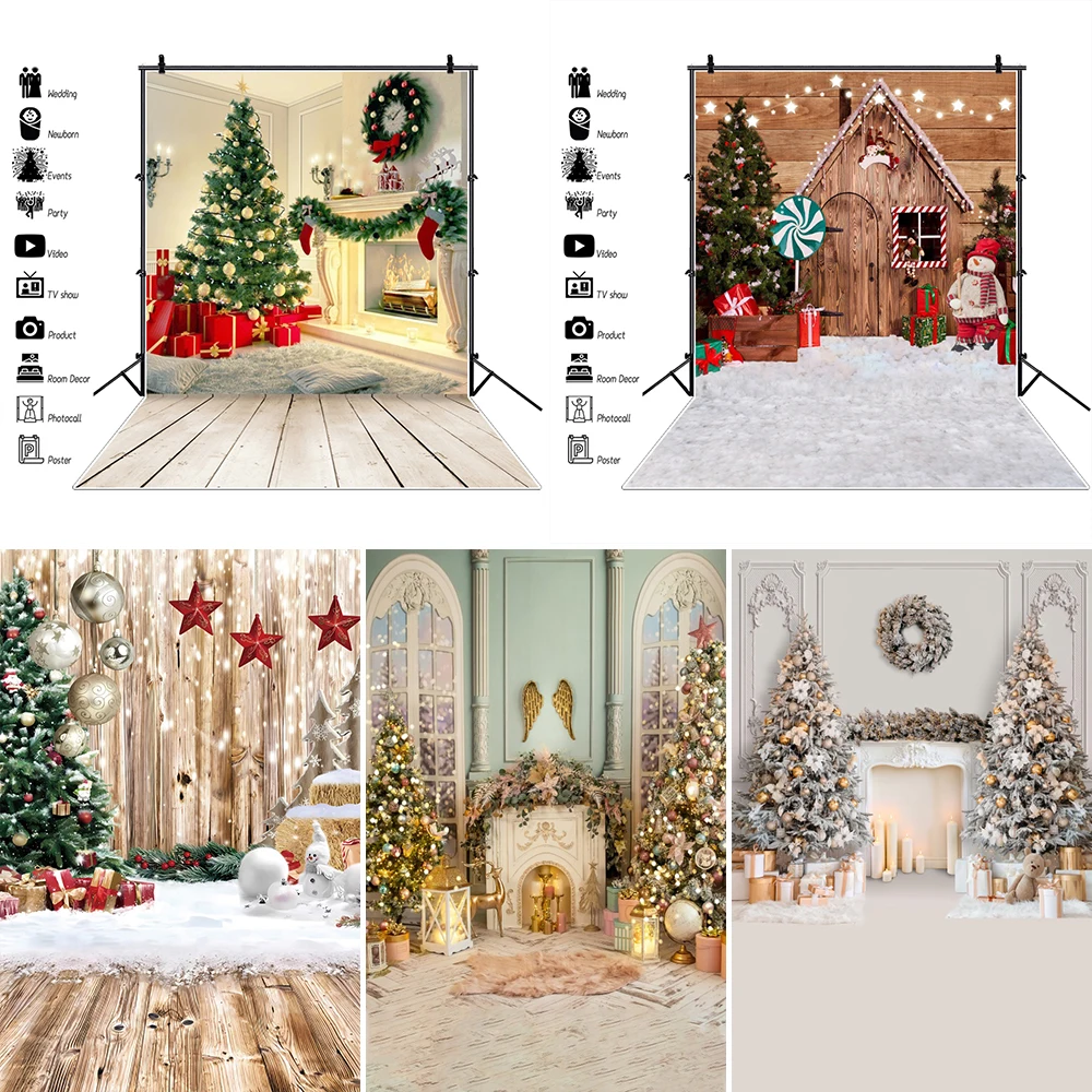 Christmas Wood Floor Backdrop Winter Snow Xmas Tree Gift Family Party Background New Year Decoration