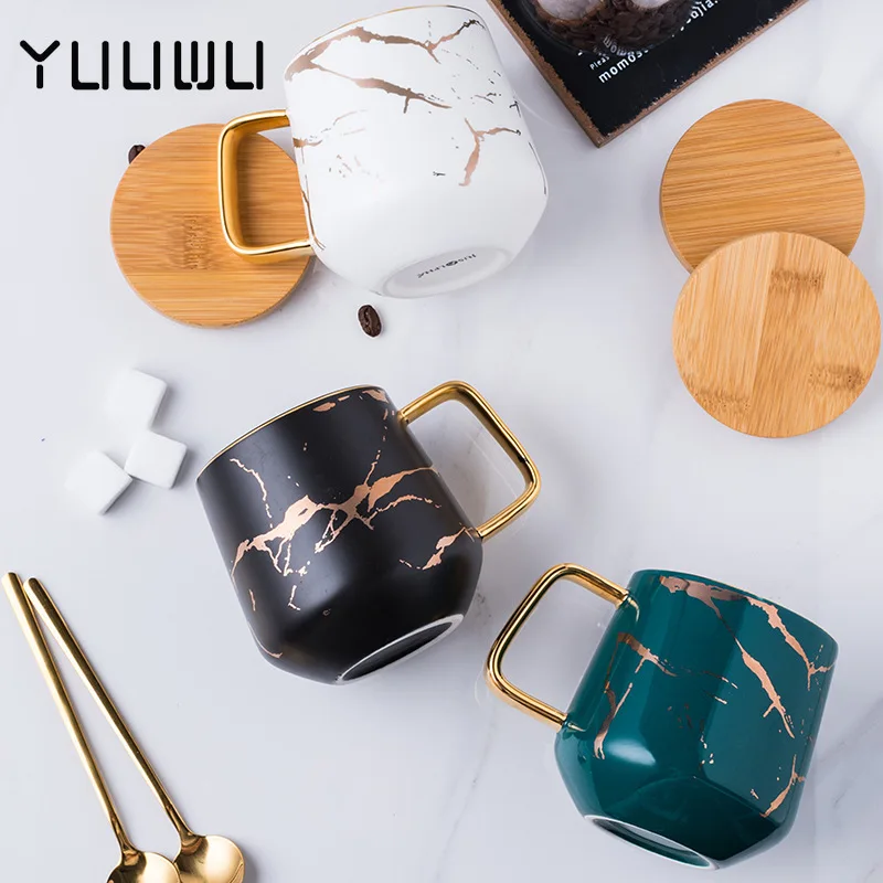 

Gold Handle Marble Ceramic Mugs Porcelain Tea Coffee Child Breakfast Milk Cup with Spoon Saucer Lid Couple Friends Birthday Gift