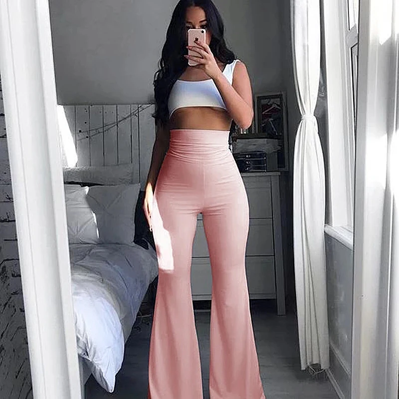 

4XL Pink Pants Solid Woman Pants Hippie Spring 2022 Women Slim High Waist Bell Bottoms Ladies Stretch Trousers Skinny Flare Pant