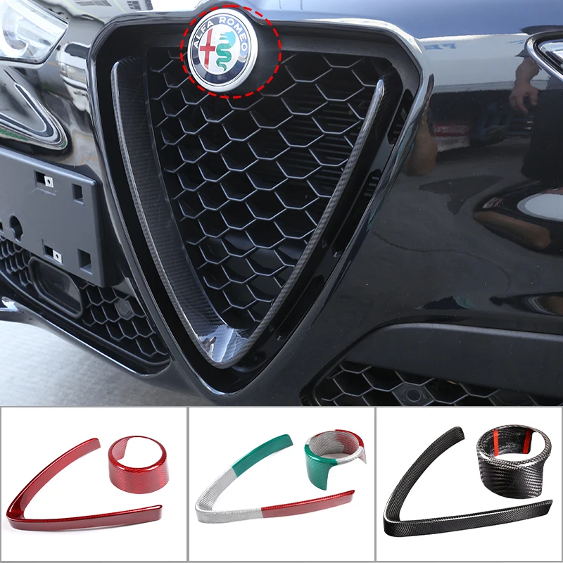Фото Для Alfa Romeo Giulia Stelvio 2017-2026: Декоративная накладка на переднюю решетку радиатора из настоящего карбона, V-образная рамка, наклейка, кольцевое покрытие для логотипа №1