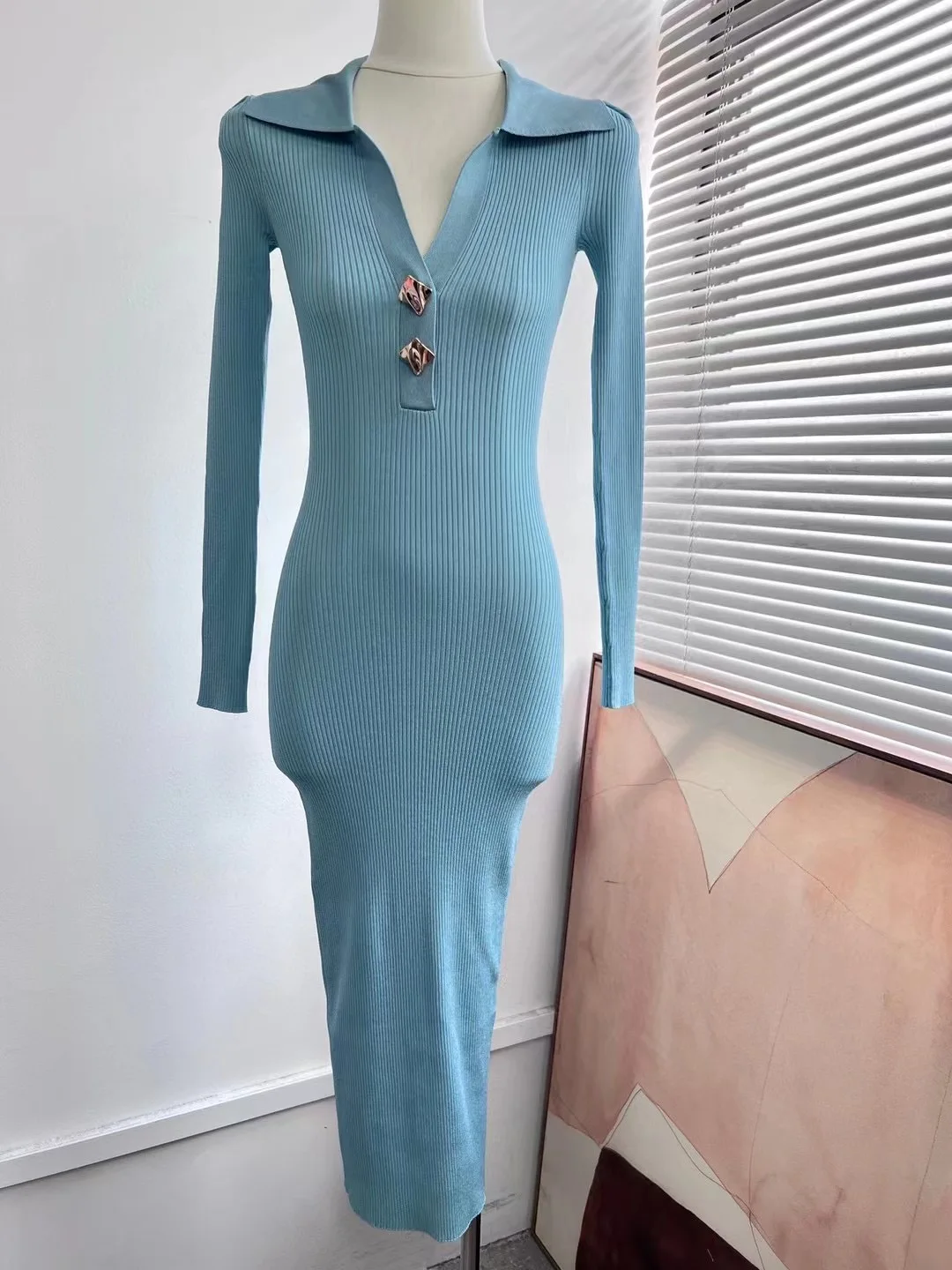 

Women Early Autumn Turn-down Collar Slim Pendant Button Long Sleeve Knitted Midi Dress