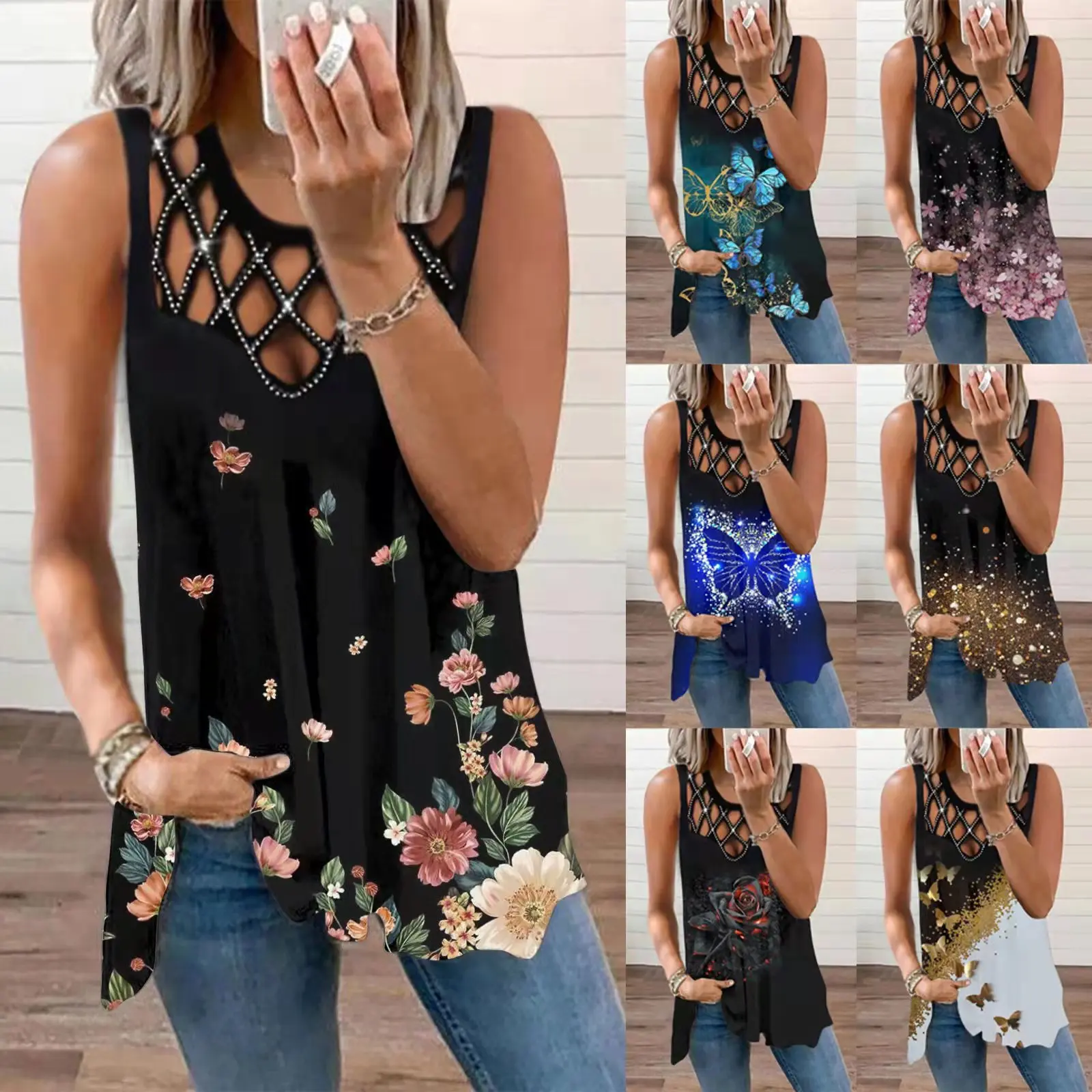 

Sexy Hollow Out Hot Drilling Sleeveless Vest Summer Women's O-Neck Casual Loose Off Shoulder Print T-Shirt Beach Tank Tshirt 5XL
