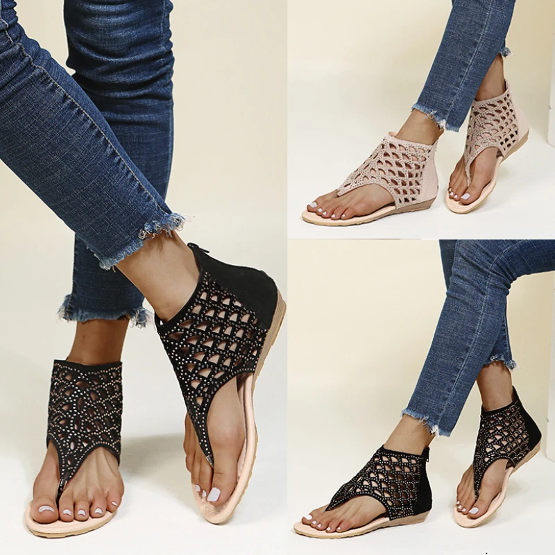 

Rhinestone Flip Flops Hollow Breathable Pinch Toe Beach Light Slipper Roman Women Retro Sandals Sandalias De Verano Para Mujer