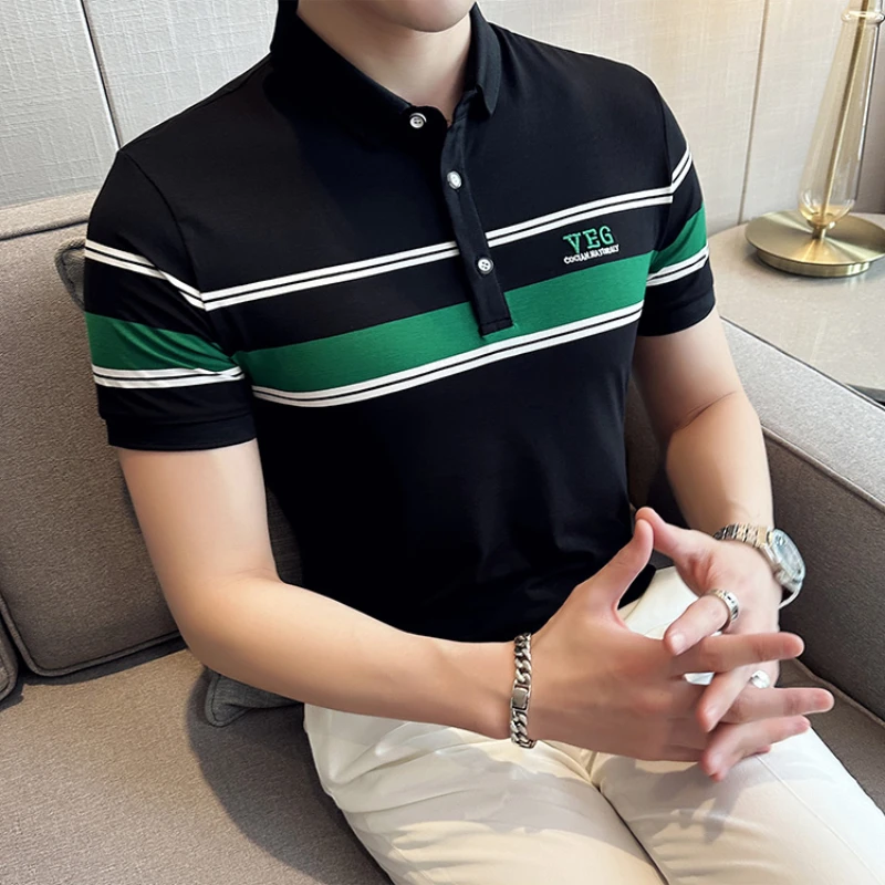 

Britishness Against Color Stripes Short Sleeve Lapel Polo Shirt Summer Men Business Office Design Polos Slim Casual Club T-tops