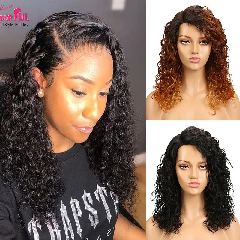 Wonderful Water Wave Side Part Lace Wig 18 Inches Brown Mix Color Remy Brazilian Curly Human Hair Lace Part Wigs For Women