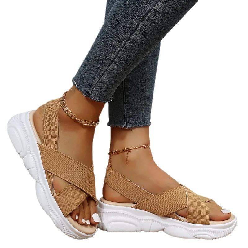 New 2022 Summer Wedge Heel Thick Sole Stretch Cloth Women's Sandals Casual Sports Sandals Women