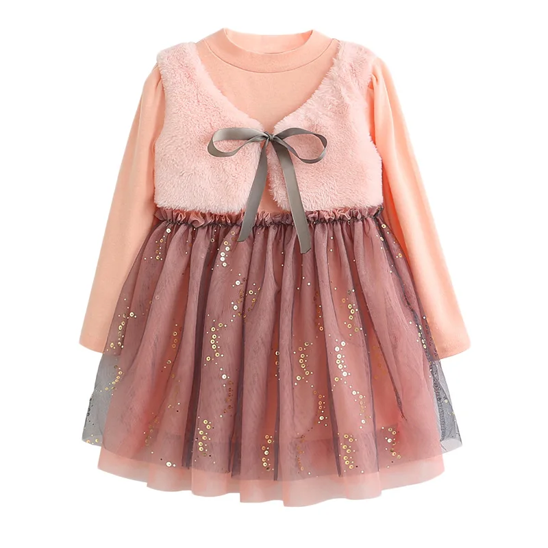 

Toddler Kids Baby Girl Autumn Dress Mesh Patchwork Princess Long Sleeve Fake Two piece Party Casual Dress Children Clothes