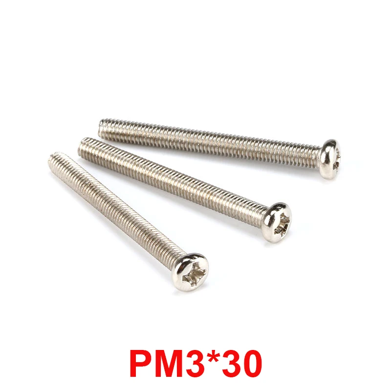 

100PCS PM3*30MM Silver 304 Stainless steel Cross Phillips Round Pan Head Screw Bolt Inner Set Screw M3 round head screw Phillips
